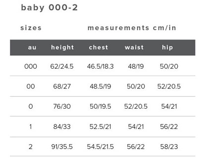 Bardot Junior Baby Apparel Size Guide Measurements